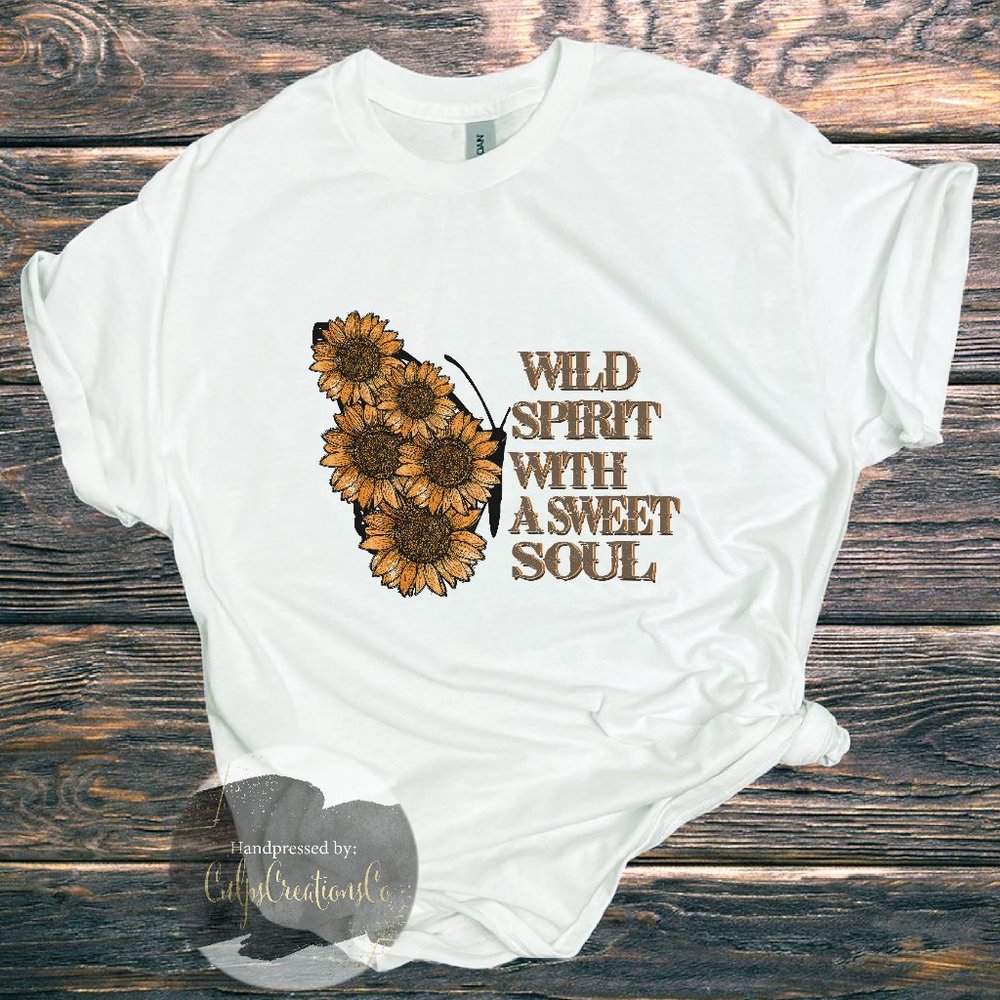 Wild spirit with a sweet soul butterfly and sunflower white relaxed fit tee